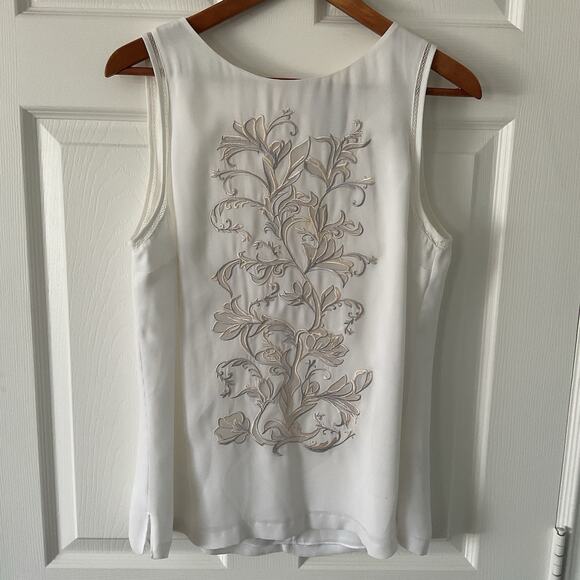 WHBM Embroidered Top Size L Floral Chiffon Sleeveless White Tank Blouse - Picture 1 of 6